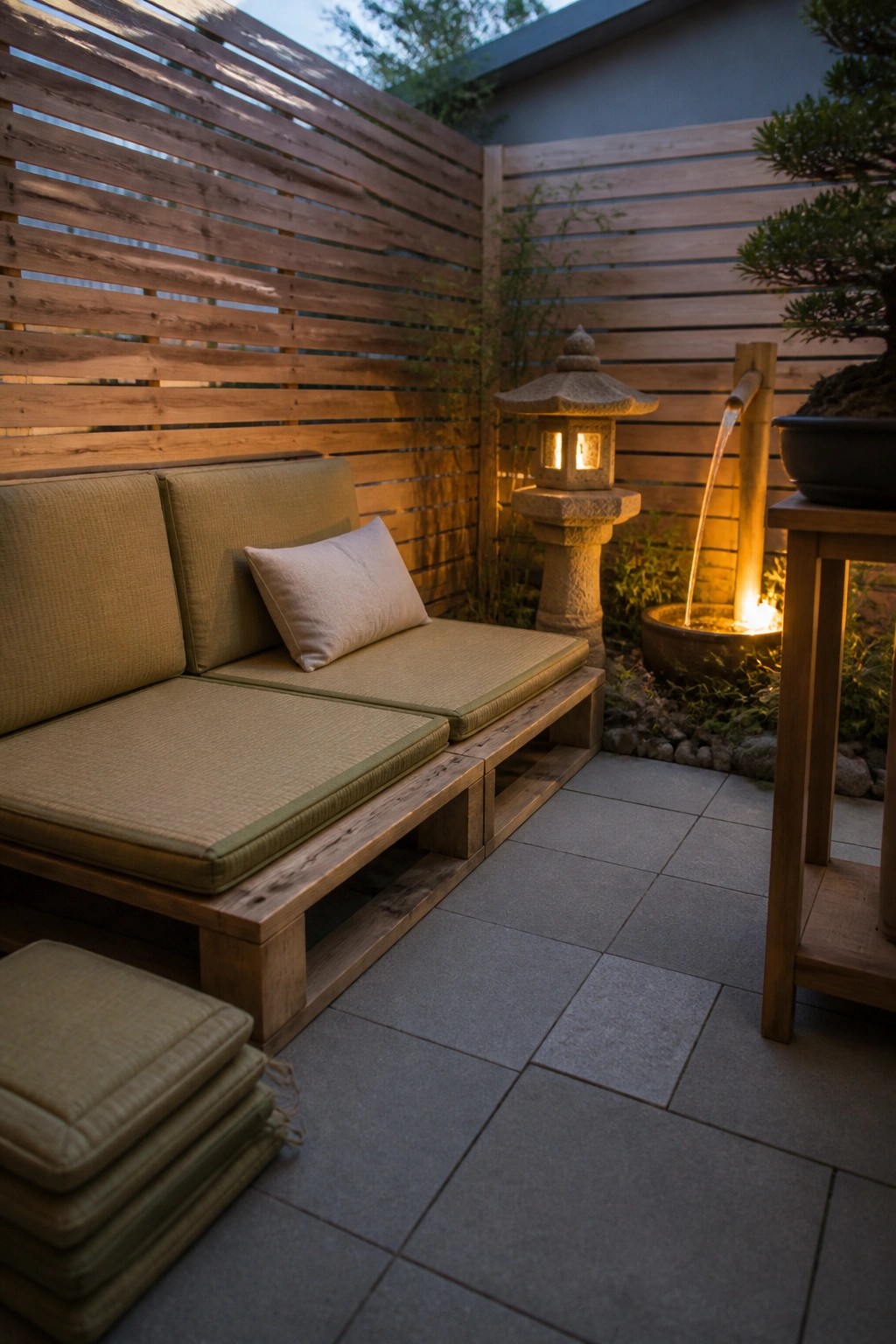 A low wooden pallet sofa with green cushions sits against a horizontal slat fence on a stone patio, beside a stone lantern and small water feature.