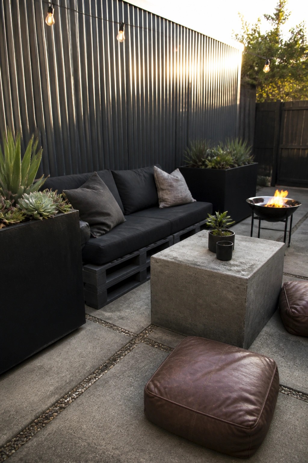 A black pallet sofa with cushions sits on a concrete patio beside a concrete cube table, fire pit, and brown leather poufs.