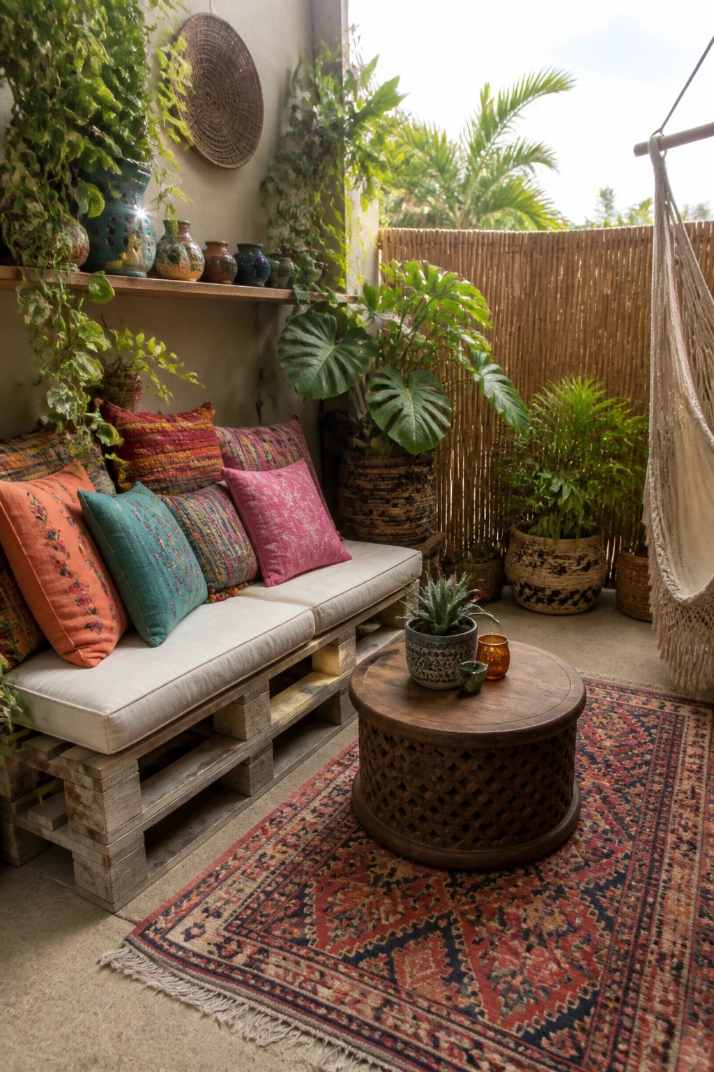 A low wooden pallet sofa with white cushions and colorful pillows sits on a patterned rug beside a round wooden table on a plant-filled patio.