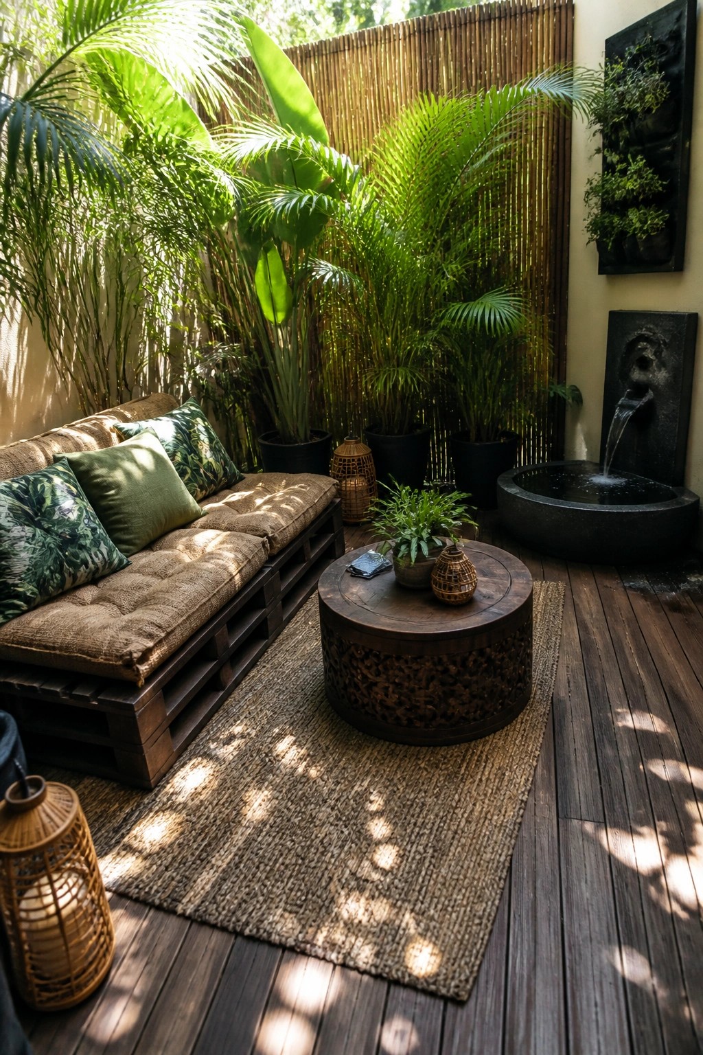 A low pallet sofa with brown cushions and patterned pillows sits on a wooden deck next to a round coffee table and potted plants.