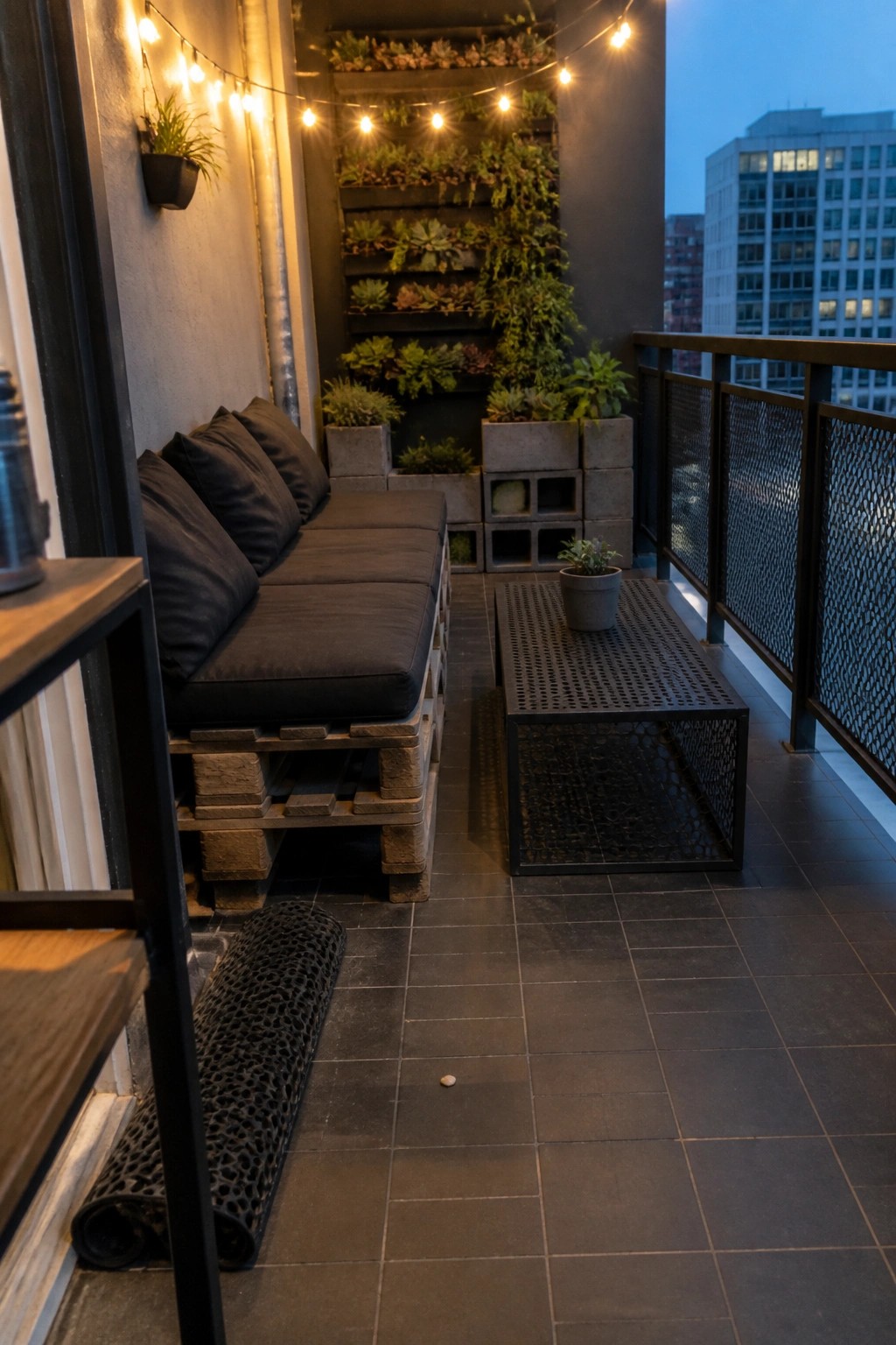 Cozy balcony with pallet sofa, metal table, vertical succulent garden, and string lights.