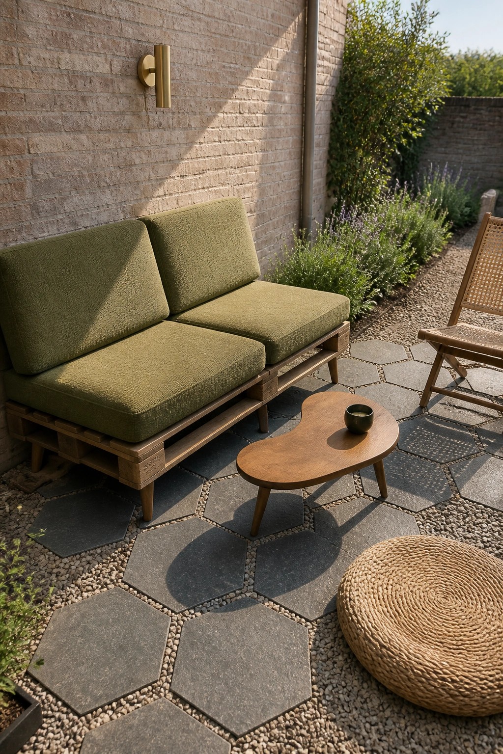 Olive green sofa with wooden table on stone-tiled patio by brick wall