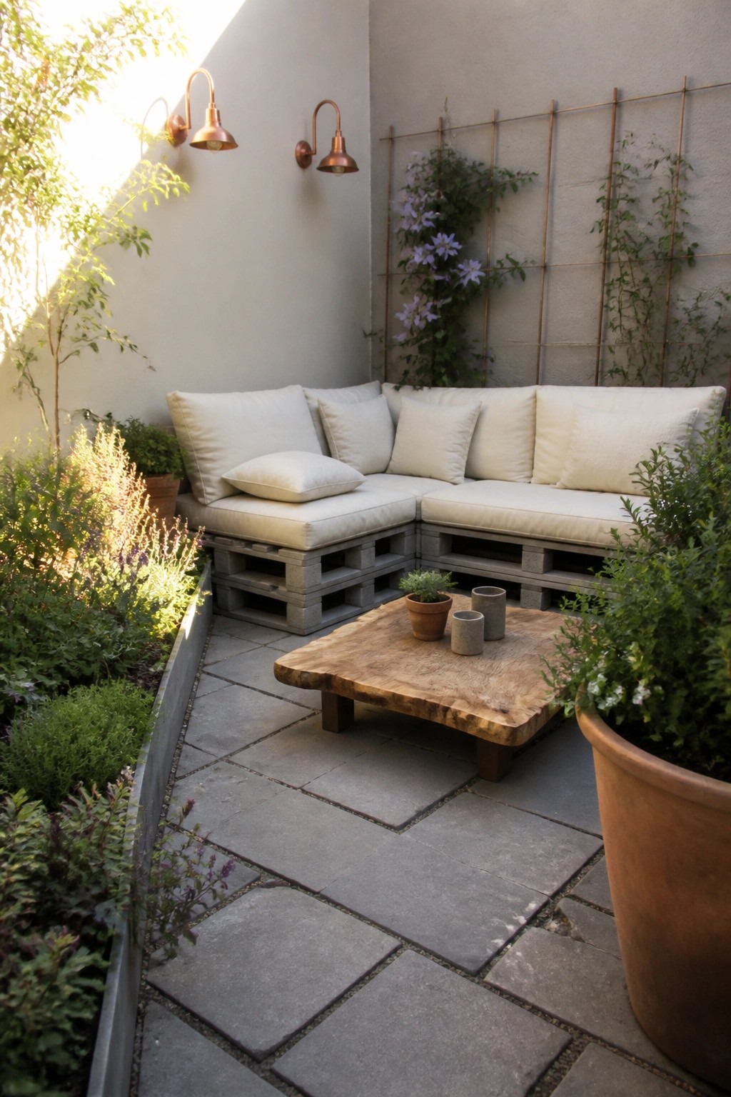 Sunlit courtyard with pallet sofa, rustic table, copper lights, and climbing vines.