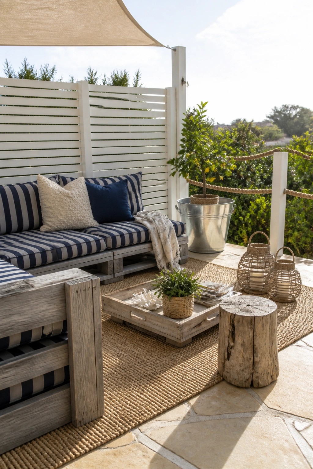Sunny patio with pallet sofa, striped cushions, wooden tray, and wicker lanterns on jute rug.