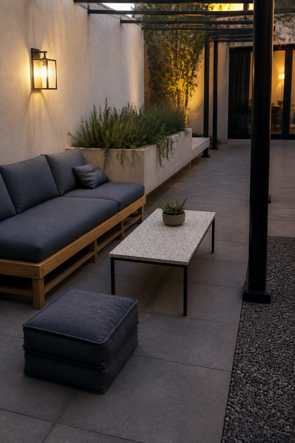 Modern patio lounge with blue sofa, ottoman, terrazzo table, wall lantern, and plants