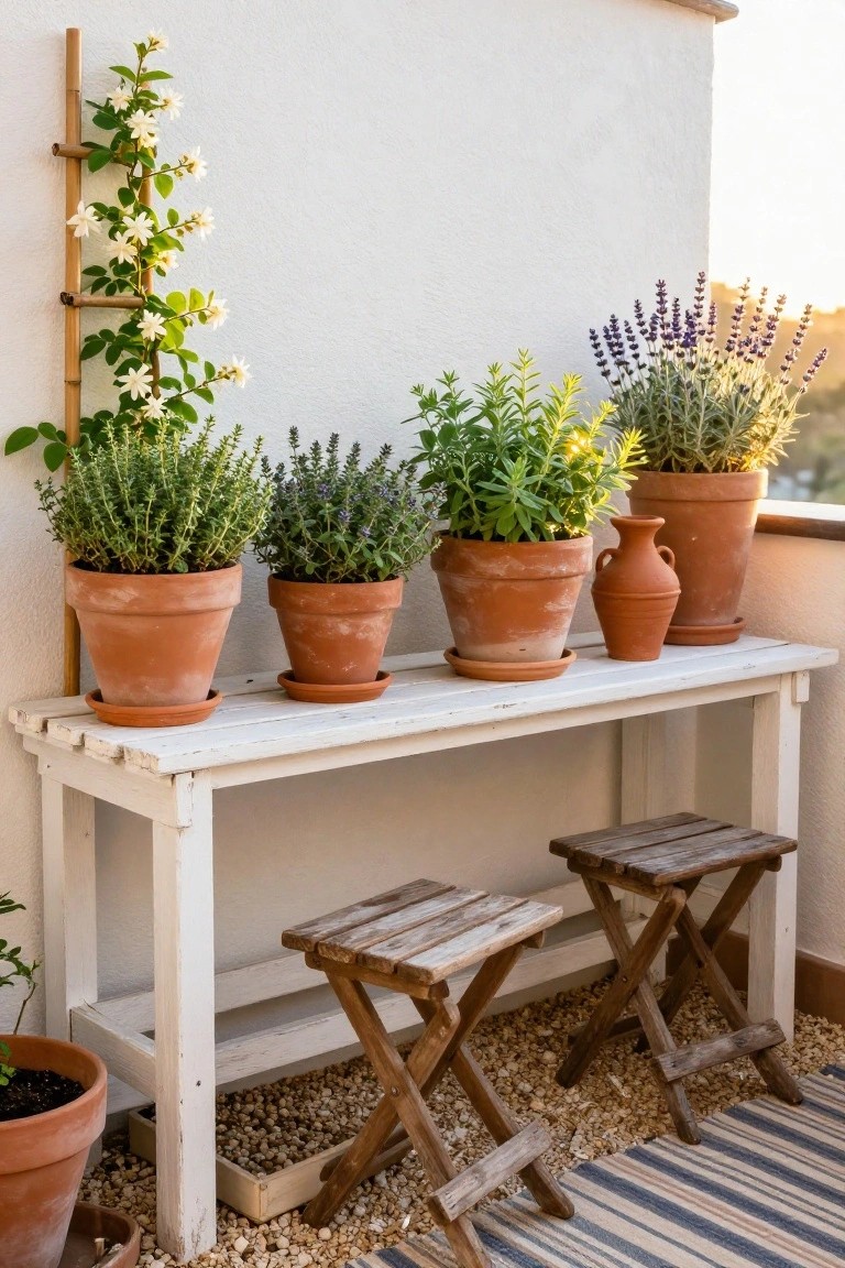 A white wooden bench on a balcony holds several terracotta pots filled with herbs and lavender, with two small wooden stools placed underneath on gravel.