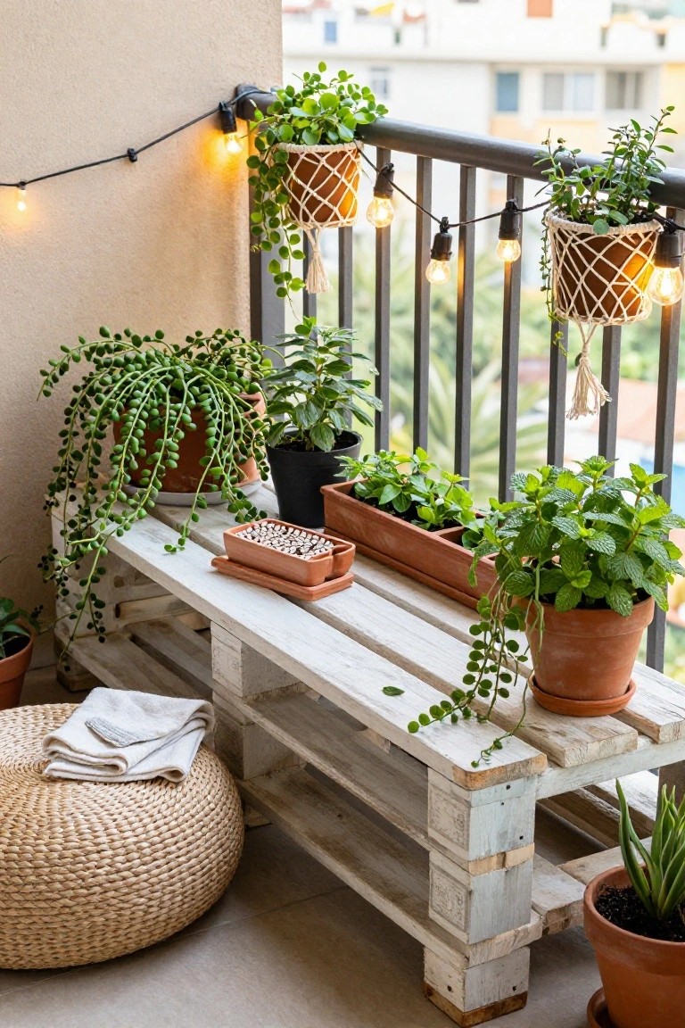 A balcony scene showing a whitewashed wooden pallet bench lined with terracotta pots and a long planter, plus hanging macrame planters with string lights.