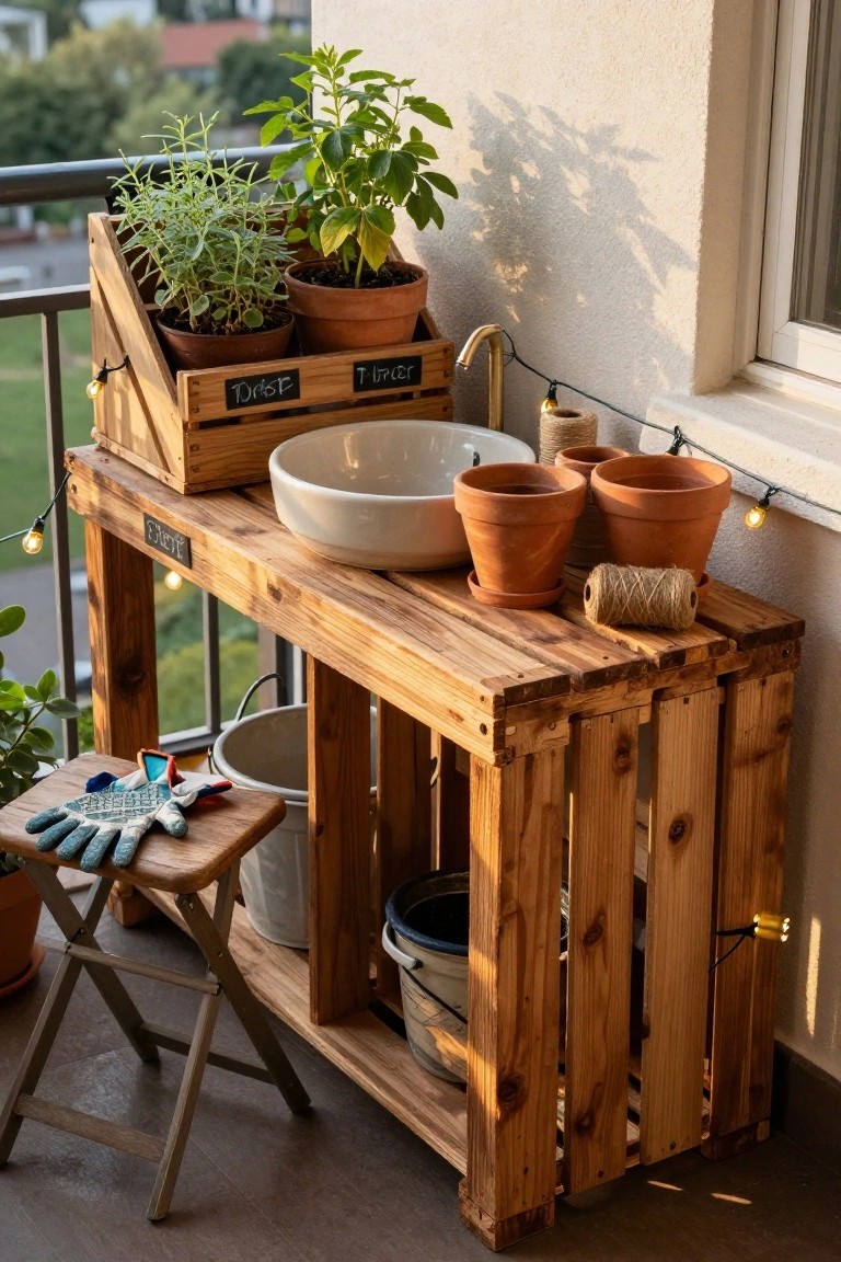 A wooden pallet bench on a balcony holds potted plants in crates, a white bowl sink, terracotta pots, twine, and buckets stored underneath, with a small wooden stool nearby.