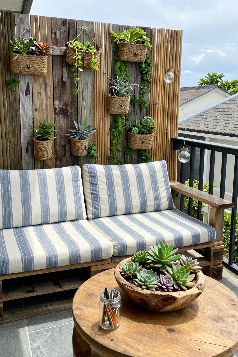 Wooden pallet sofa with blue striped cushions on a balcony next to a round wood table holding a bowl of succulents and a jar of pencils, with woven plant baskets mounted on a wood and bamboo wall.