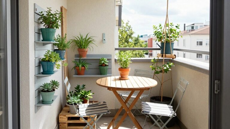 16 Compact Pallet Balcony Garden Ideas for Apartment Growing A compact balcony with a foldable wooden table, two gray chairs with striped cushions, and three green-painted wooden shelves mounted on the wall holding multiple terracotta pots of succulents and other plants.