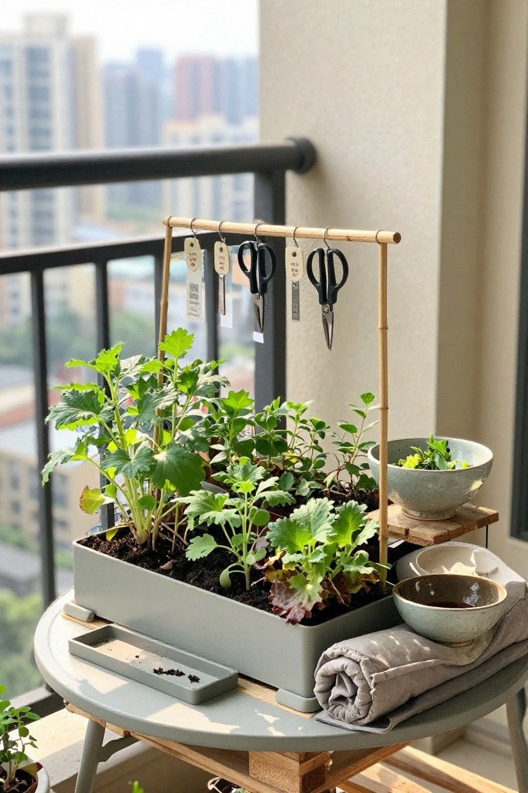 A rectangular gray planter filled with leafy greens sits on a round table, topped by a bamboo frame holding hanging scissors and plant tags, with bowls and a folded cloth nearby.