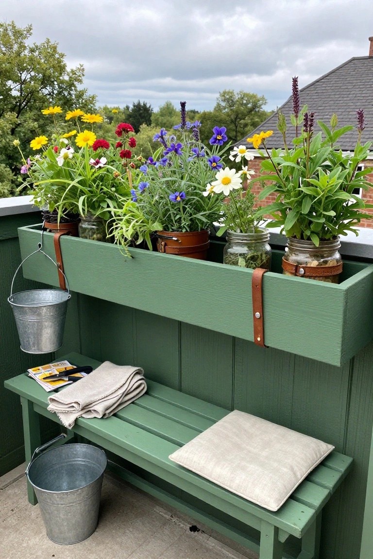 A long green wooden planter box filled with colorful flowers in pots and jars rests above a matching bench on a balcony.