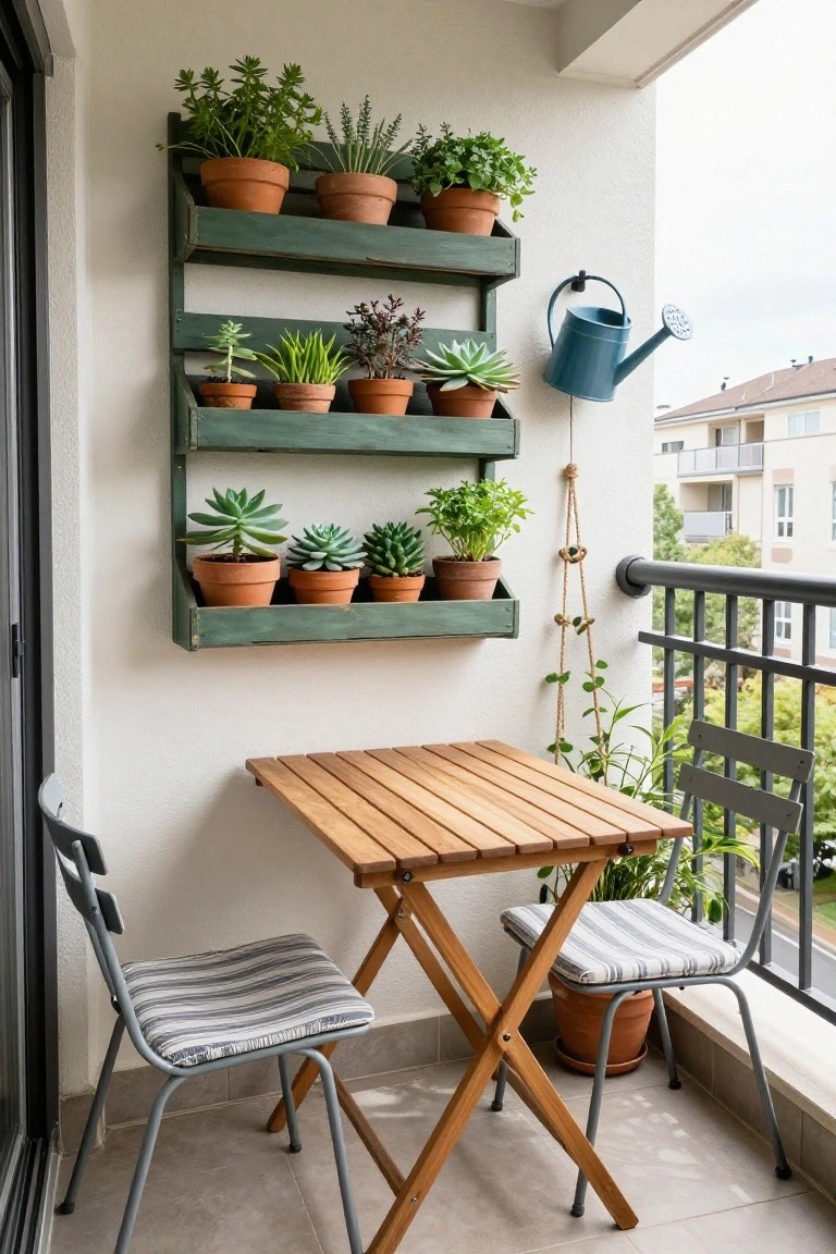 A compact balcony with a foldable wooden table, two gray chairs with striped cushions, and three green-painted wooden shelves mounted on the wall holding multiple terracotta pots of succulents and other plants.