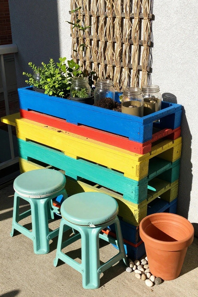 Colorful rainbow wooden pallet planter with glass jars, plants, and green stools.