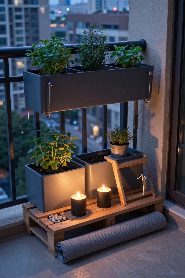 A balcony scene with a wooden pallet holding several gray plant containers, two lit candles, a small wooden stool, and a rolled gray mat, plus three hanging planters attached to the railing above.