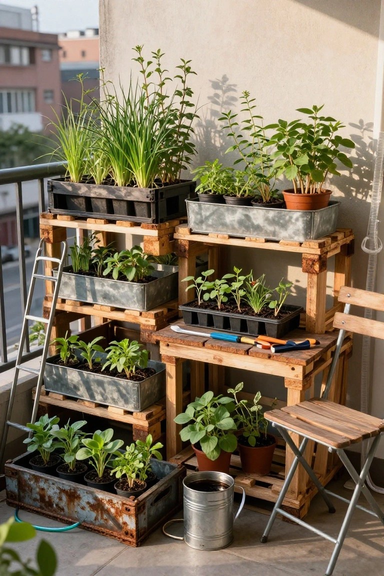 Wooden pallet shelves holding potted plants, tools, and watering can on sunny balcony
