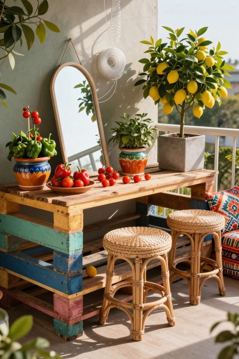 Sunlit balcony with colorful pallet table, potted lemon tree, vegetables and rattan stools