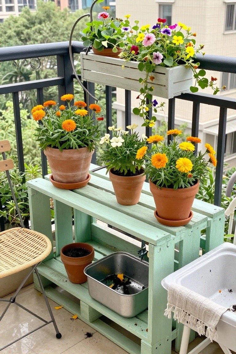 A light green painted wooden pallet holding several terracotta pots of orange, yellow, and white flowers on an apartment balcony.