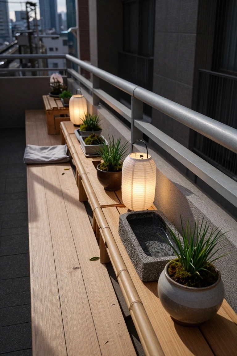 A long wooden bench with potted plants, lanterns, and a stone basin sits along a balcony railing in an urban setting.