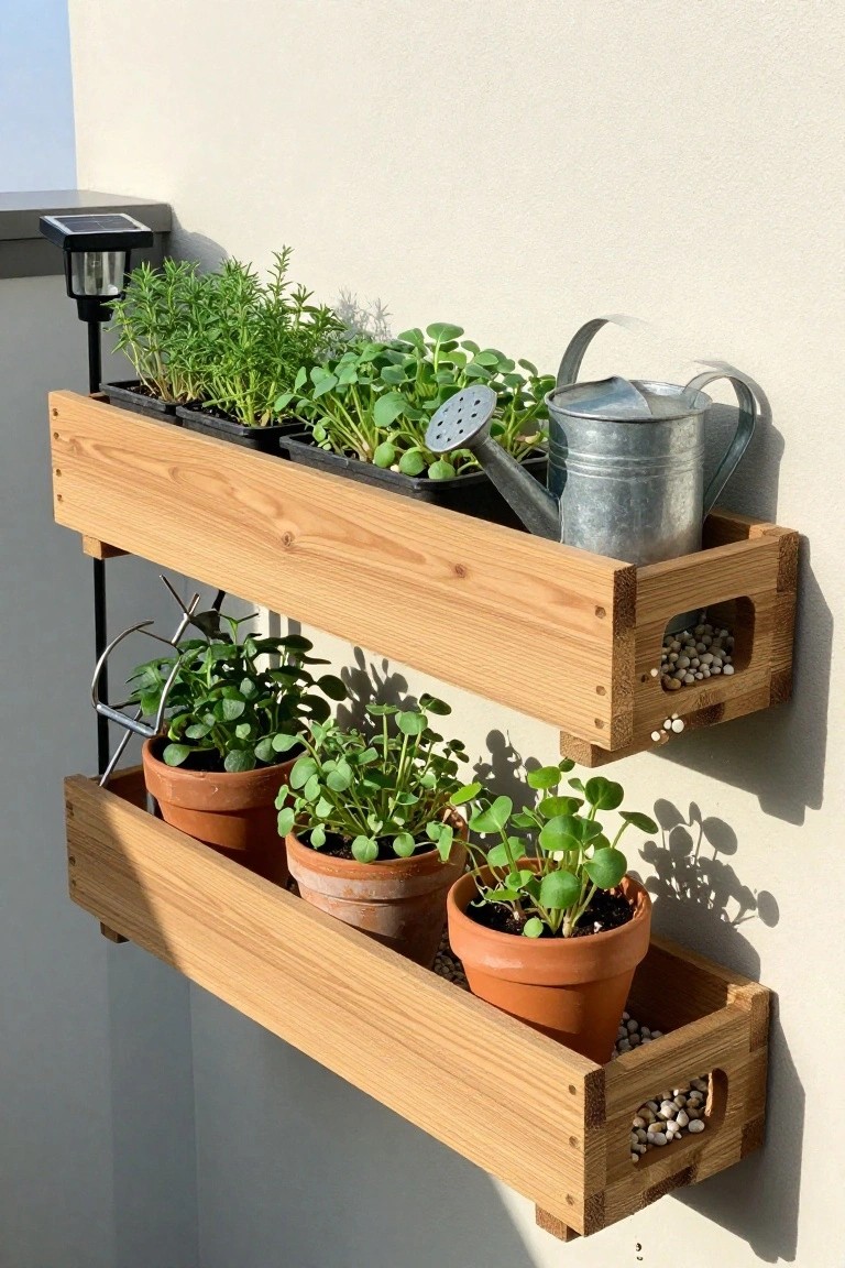 Two tiered wooden crate planters mounted on a balcony wall hold potted plants, seedlings, and a metal watering can.