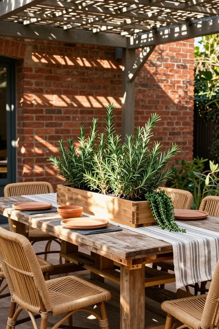 A long wooden planter box filled with rosemary sits on a rustic outdoor dining table under a pergola, with wicker chairs and terracotta plates around it.