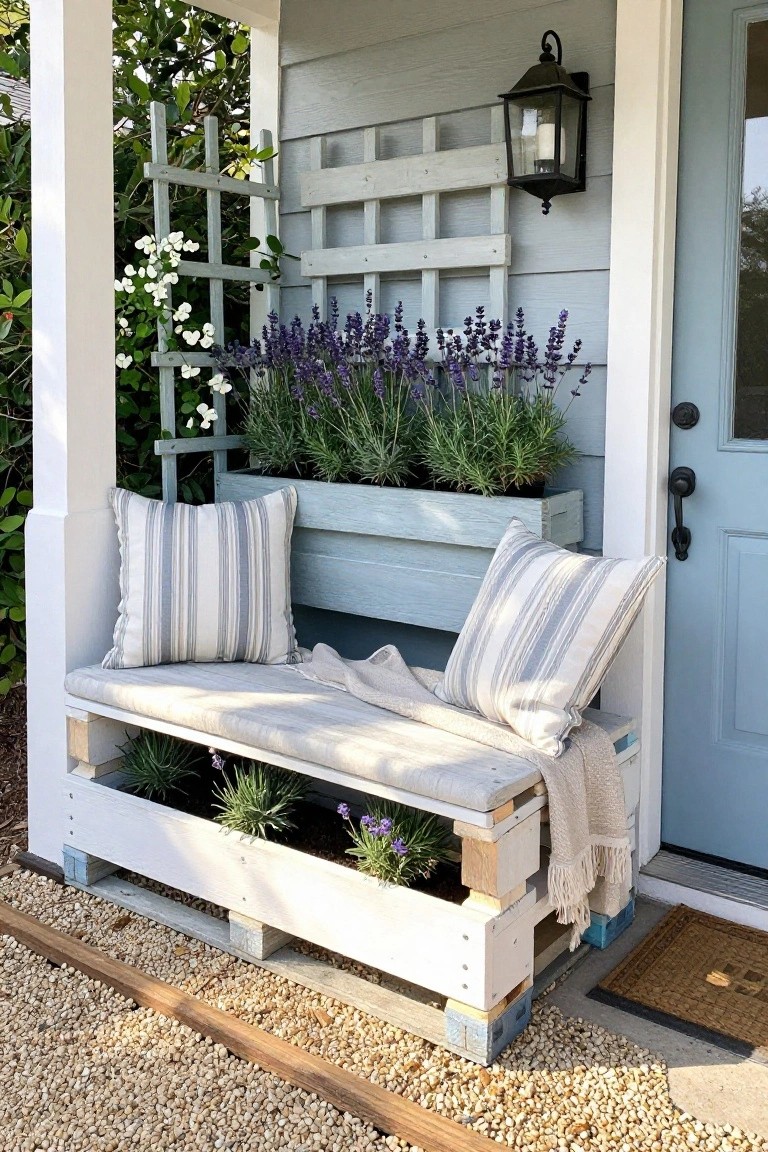 A white painted wooden pallet bench with striped cushions, a throw blanket, and built-in planters holding lavender sits on gravel beside a light blue door.