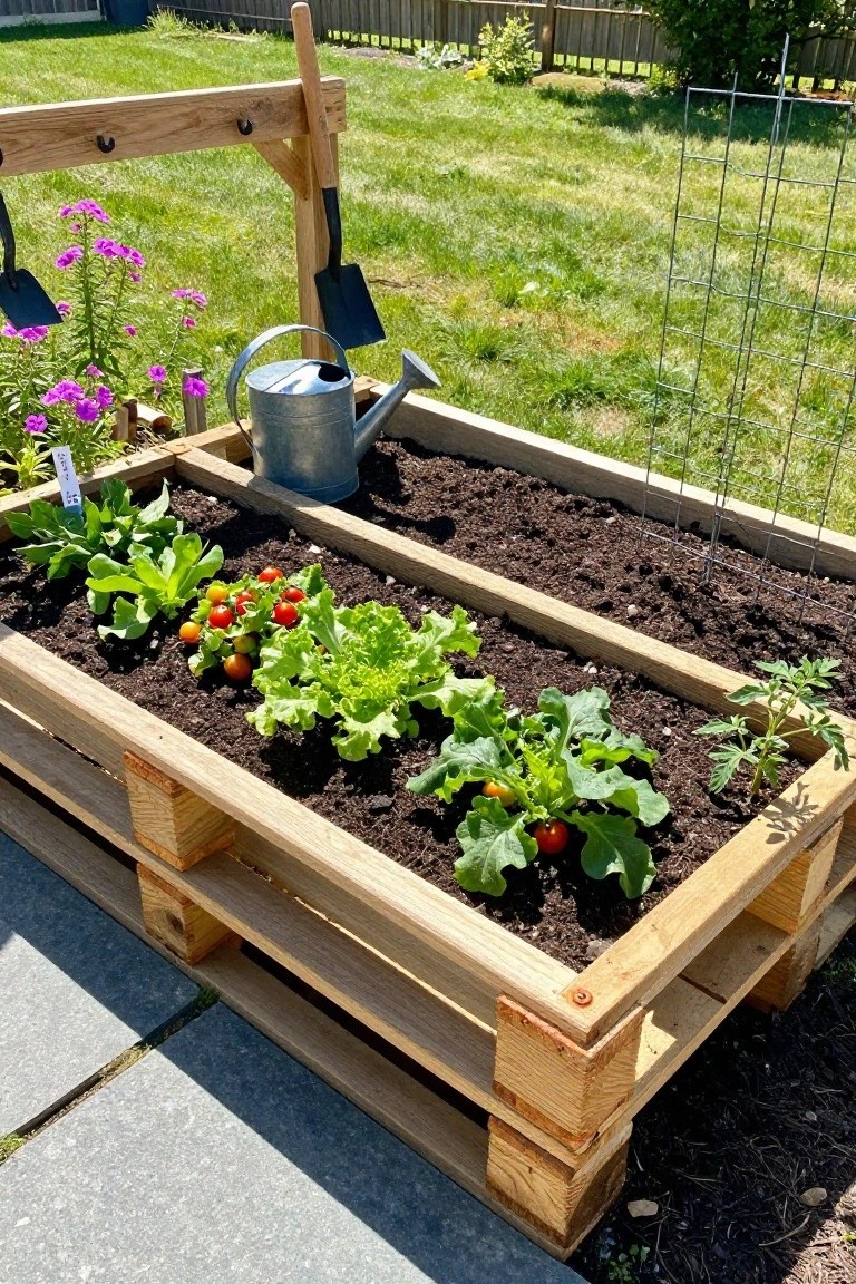 A wooden pallet raised garden bed filled with soil, lettuce, tomatoes, and other plants, with gardening tools resting on the structure.