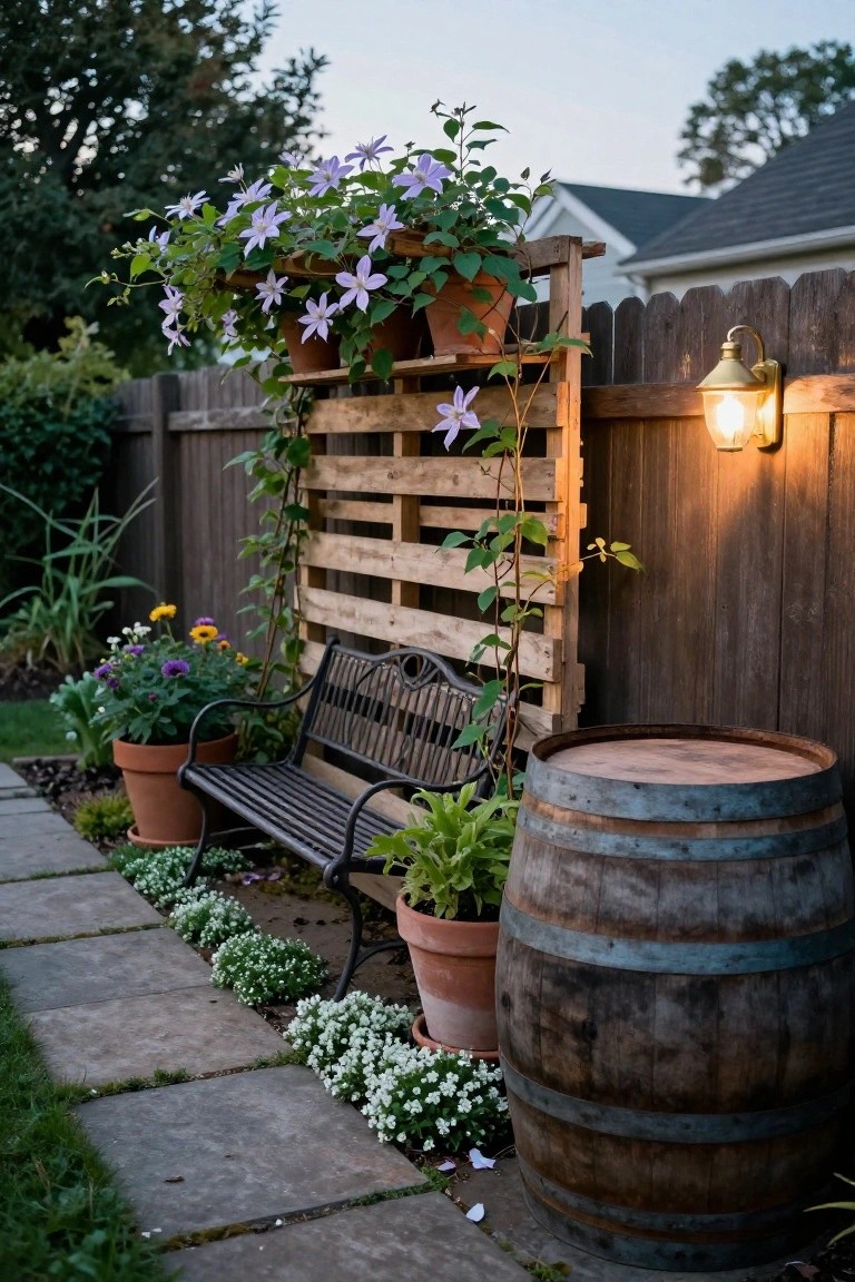 A wooden pallet mounted vertically on a fence with potted plants and climbing vines growing through it, positioned next to a garden bench and a wooden barrel.