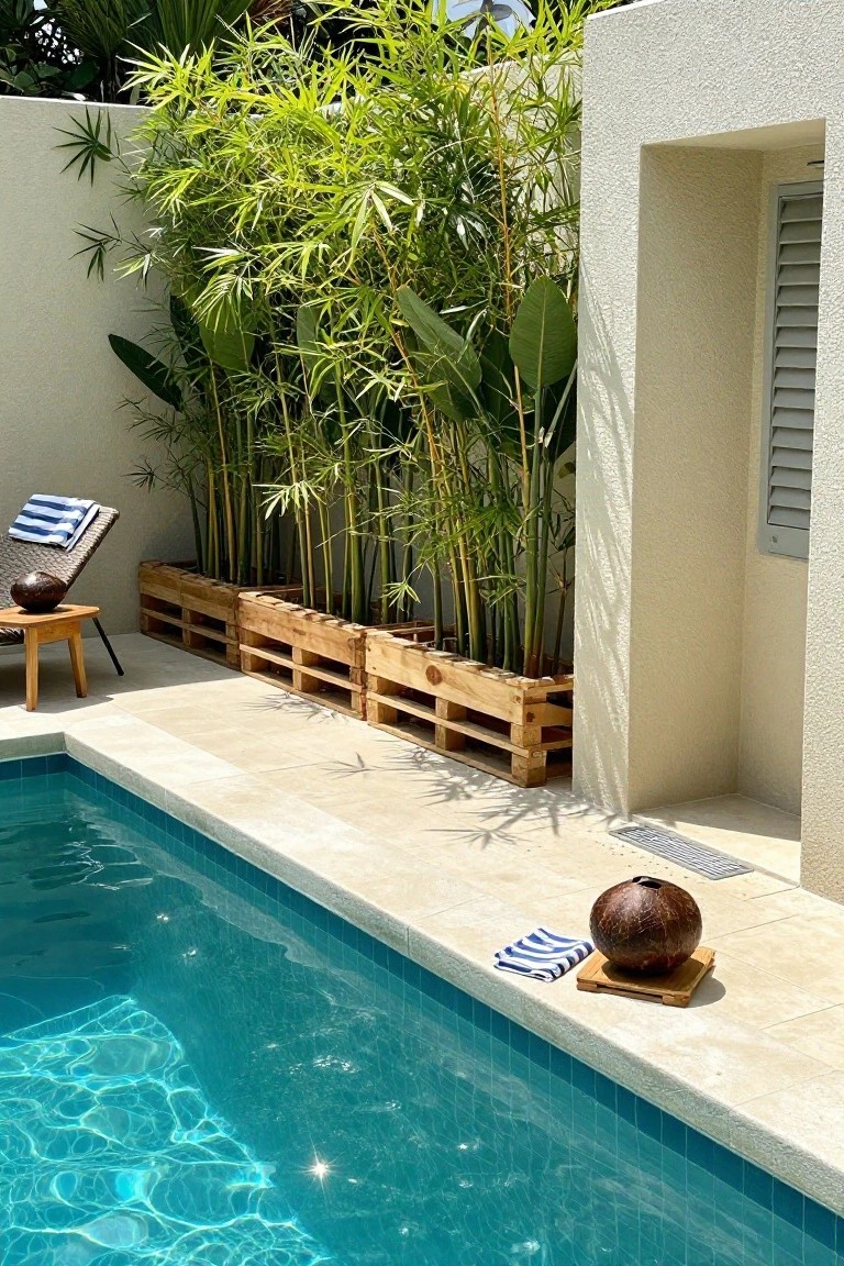 A poolside area with wooden pallet planters holding tall bamboo and leafy plants along a beige wall, a lounge chair on the left, and a coconut on a small wooden stand near the water.