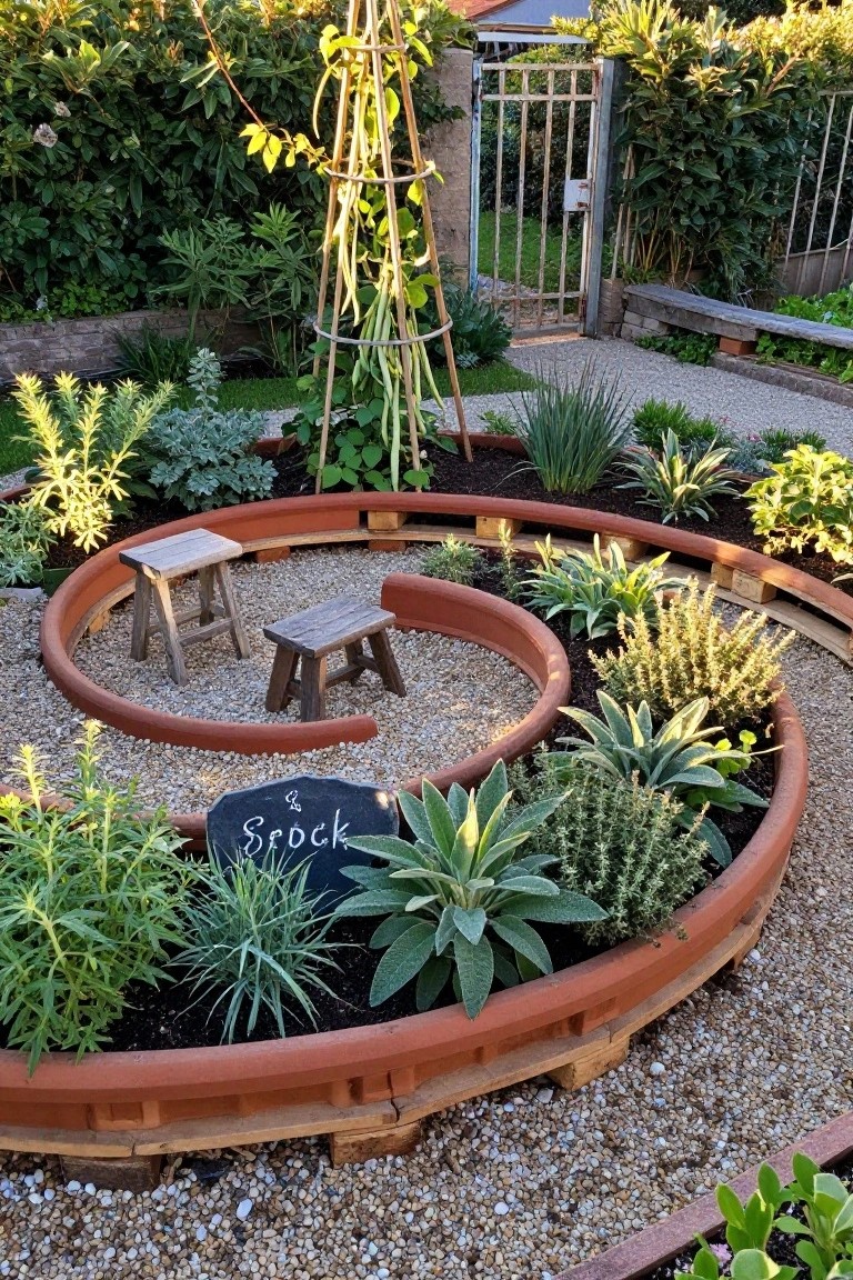 A garden area with circular raised beds edged in terracotta tiles, containing various plants and surrounded by gravel paths.