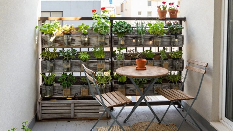 15 Easy DIY Pallet Garden Ideas Designed for First-Time Builders A small balcony features a weathered wood pallet mounted on the metal railing with multiple potted plants hanging from it, alongside a round wooden table, folding chairs, string lights, and a floor-level wooden planter box.