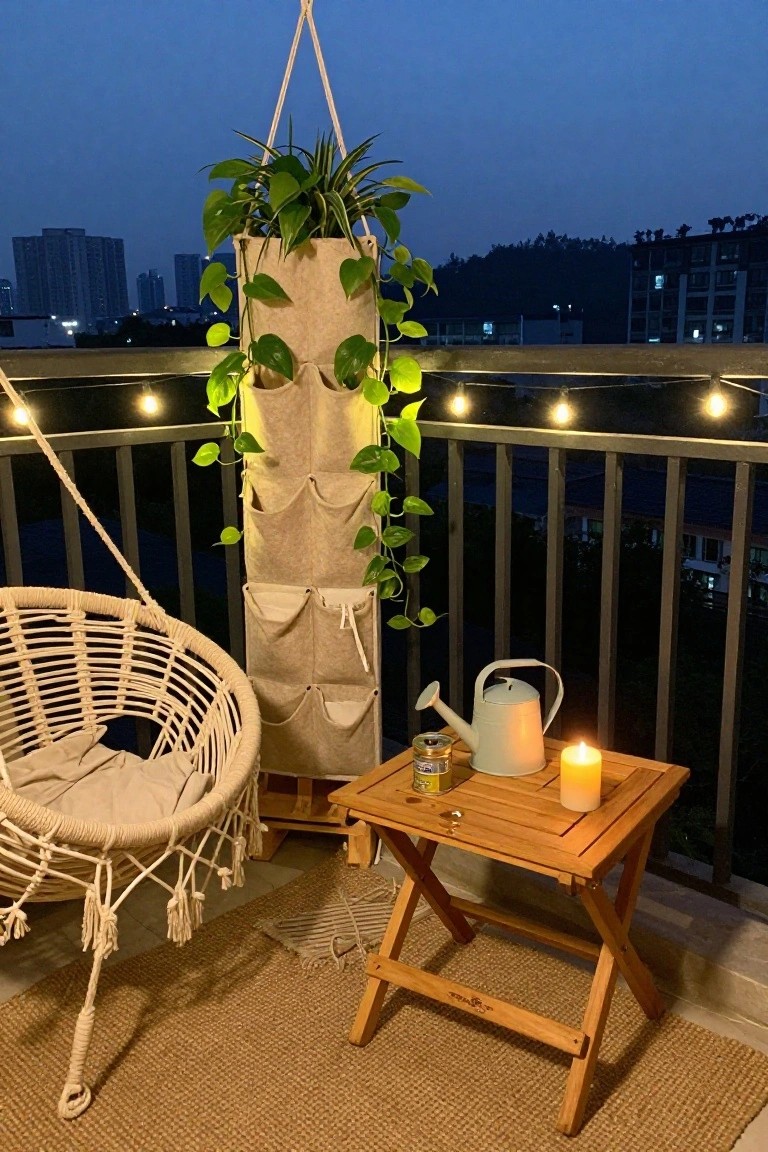 A balcony at dusk features a hanging vertical planter with multiple pockets holding green plants, next to a hanging chair and a small wooden table with a lit candle and watering can.