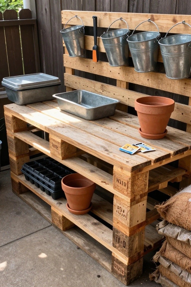 A wooden pallet structure outdoors holding metal buckets, terracotta pots, soil bags, and seed packets as a garden station.