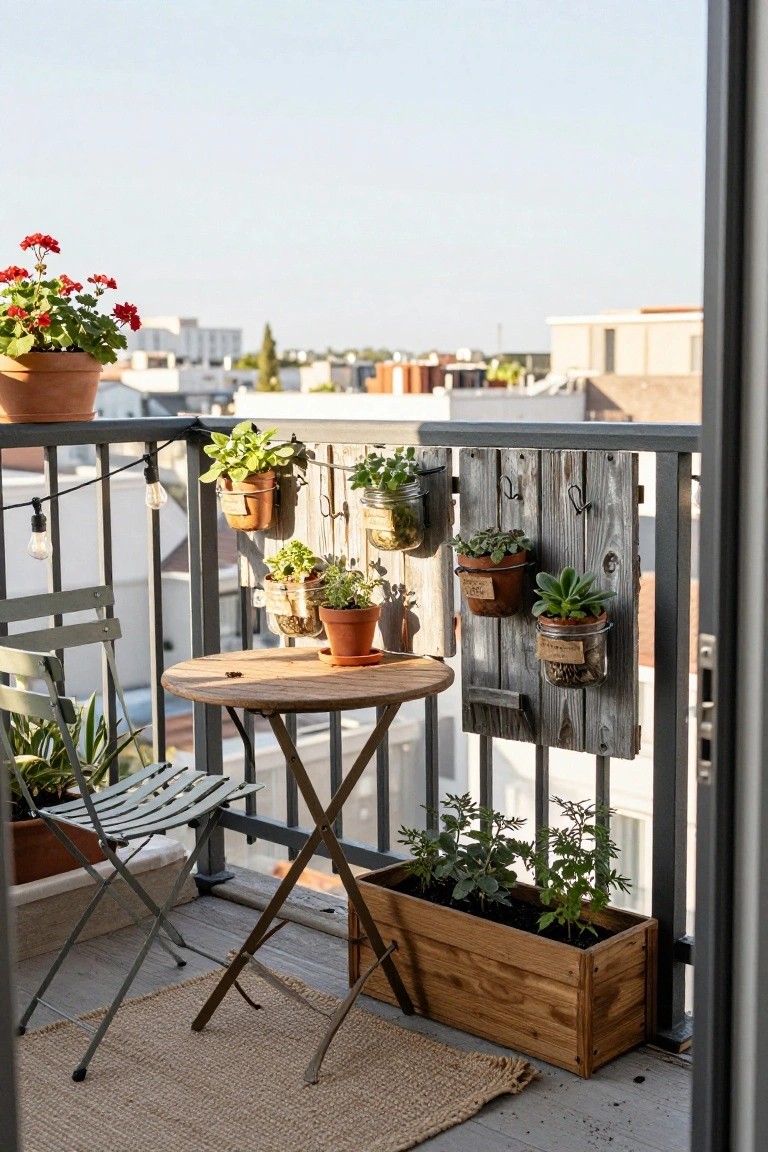 A small balcony features a weathered wood pallet mounted on the metal railing with multiple potted plants hanging from it, alongside a round wooden table, folding chairs, string lights, and a floor-level wooden planter box.