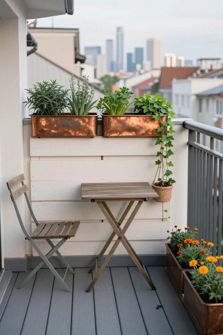 A small city balcony with a folding wooden table and gray chair, copper planters holding herbs on a white plank wall, a hanging ivy basket, and orange flowers in lower boxes.