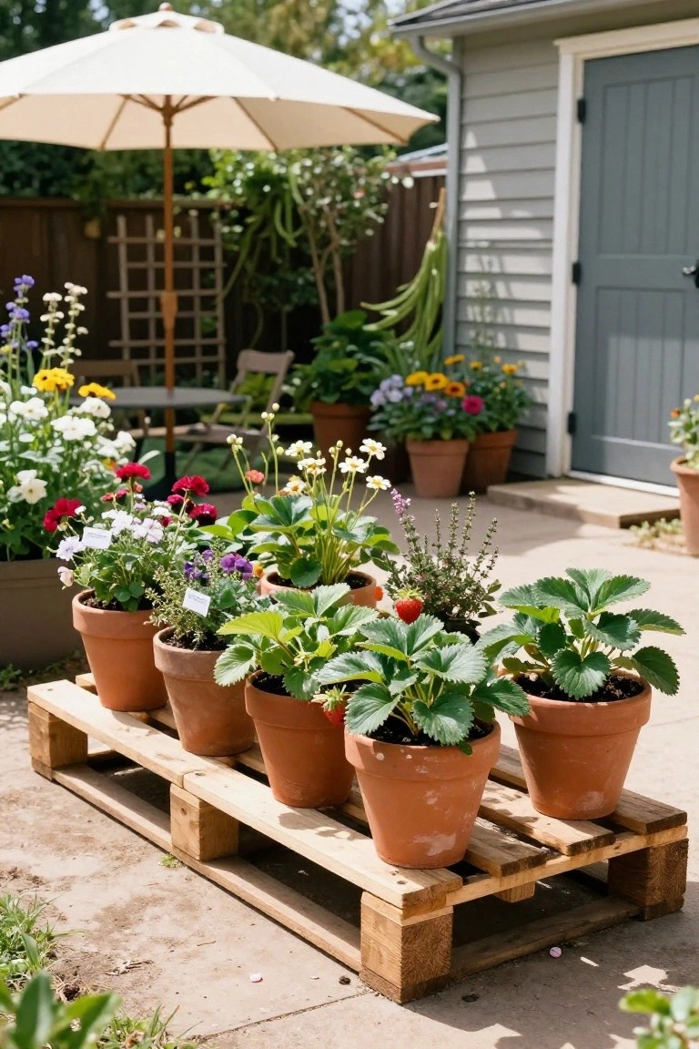Several terracotta pots with plants and strawberries arranged on a wooden pallet in a garden beside a house.