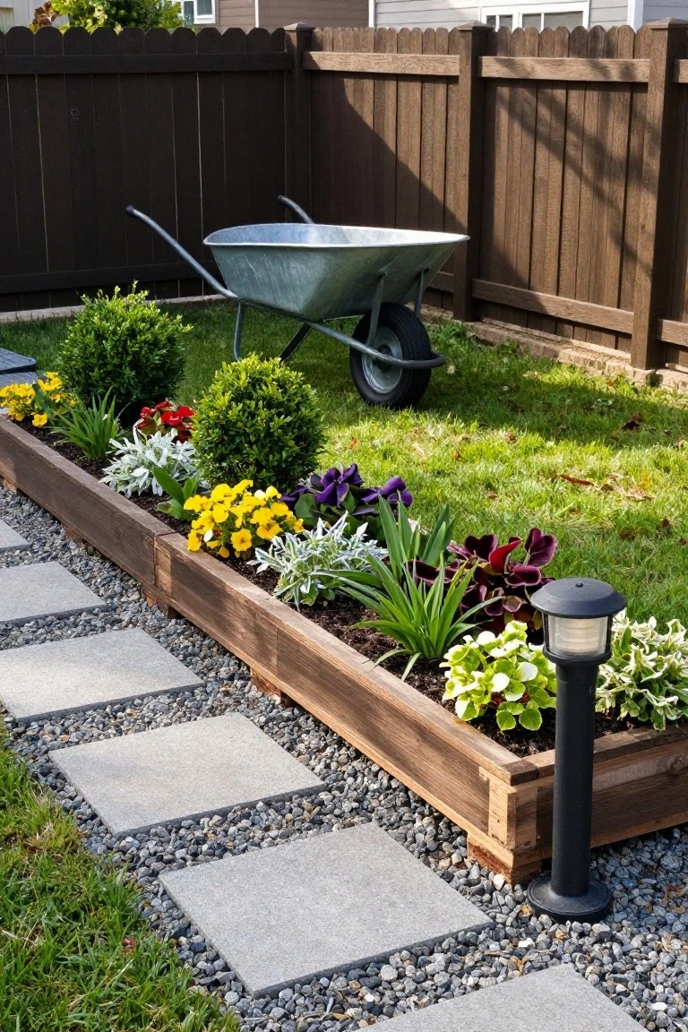 A long wooden raised garden bed with various flowers and shrubs borders a gravel path with concrete stepping stones in a backyard next to a wooden fence.