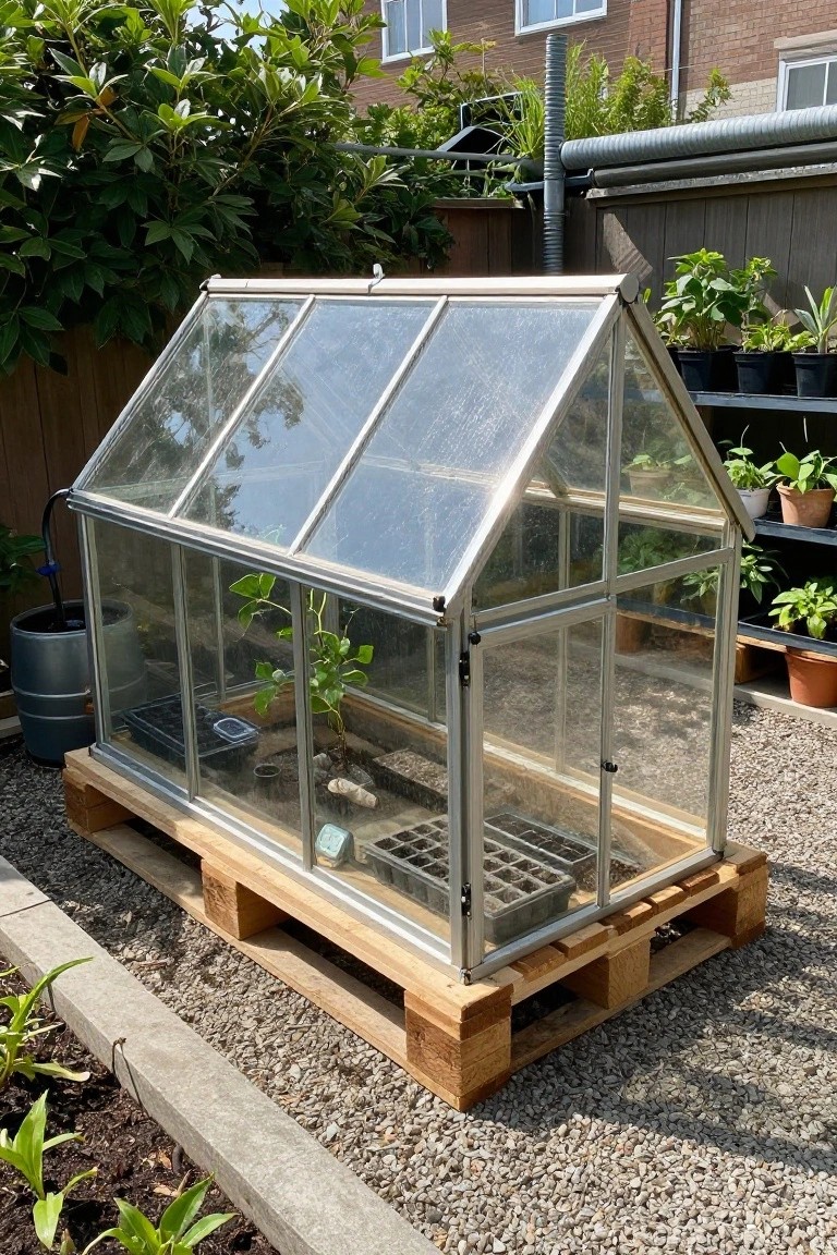 A small glass greenhouse sits on a wooden pallet base in a backyard garden with gravel and potted plants nearby.