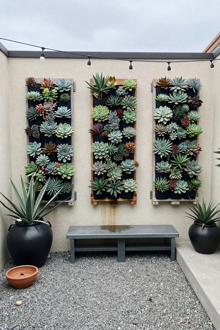Three vertical wooden frames with black fabric pockets holding various succulents mounted on a light-colored outdoor wall, with potted plants and a metal bench below.