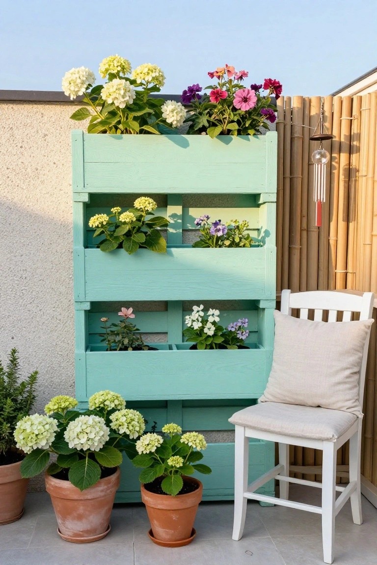 A mint green wooden pallet stands upright as a three-tier planter filled with white, pink, and purple flowers next to a white chair on a paved outdoor area.