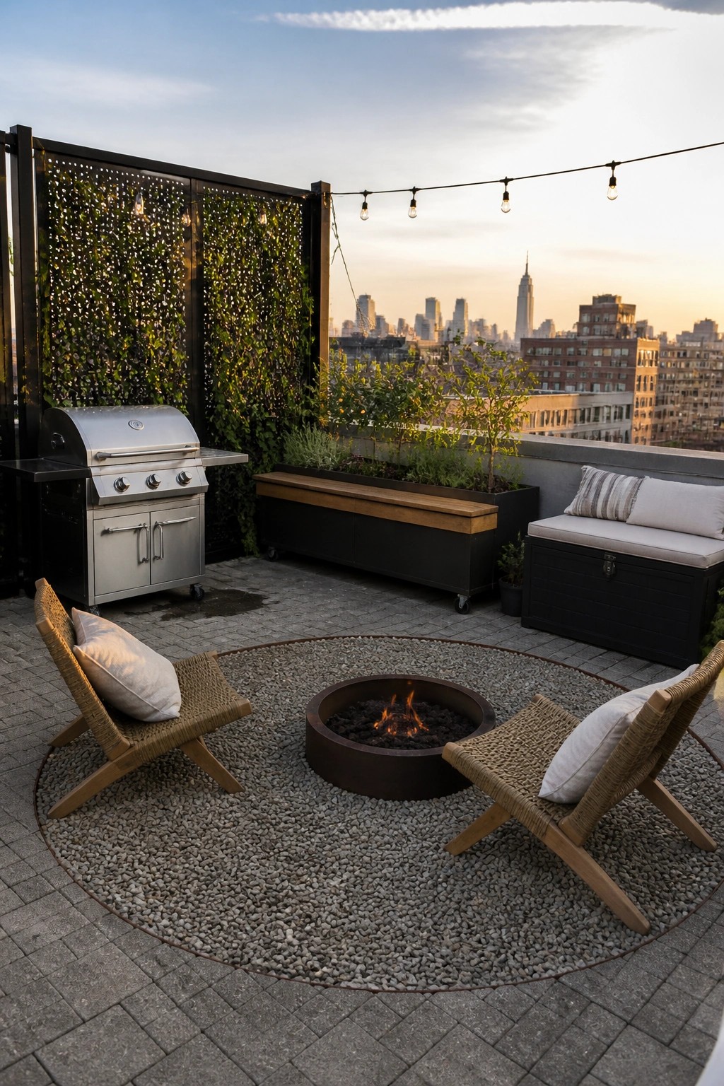 A rooftop patio featuring a circular gravel area with a metal fire pit, two woven lounge chairs, a stainless grill on the left, and a city skyline in the background.