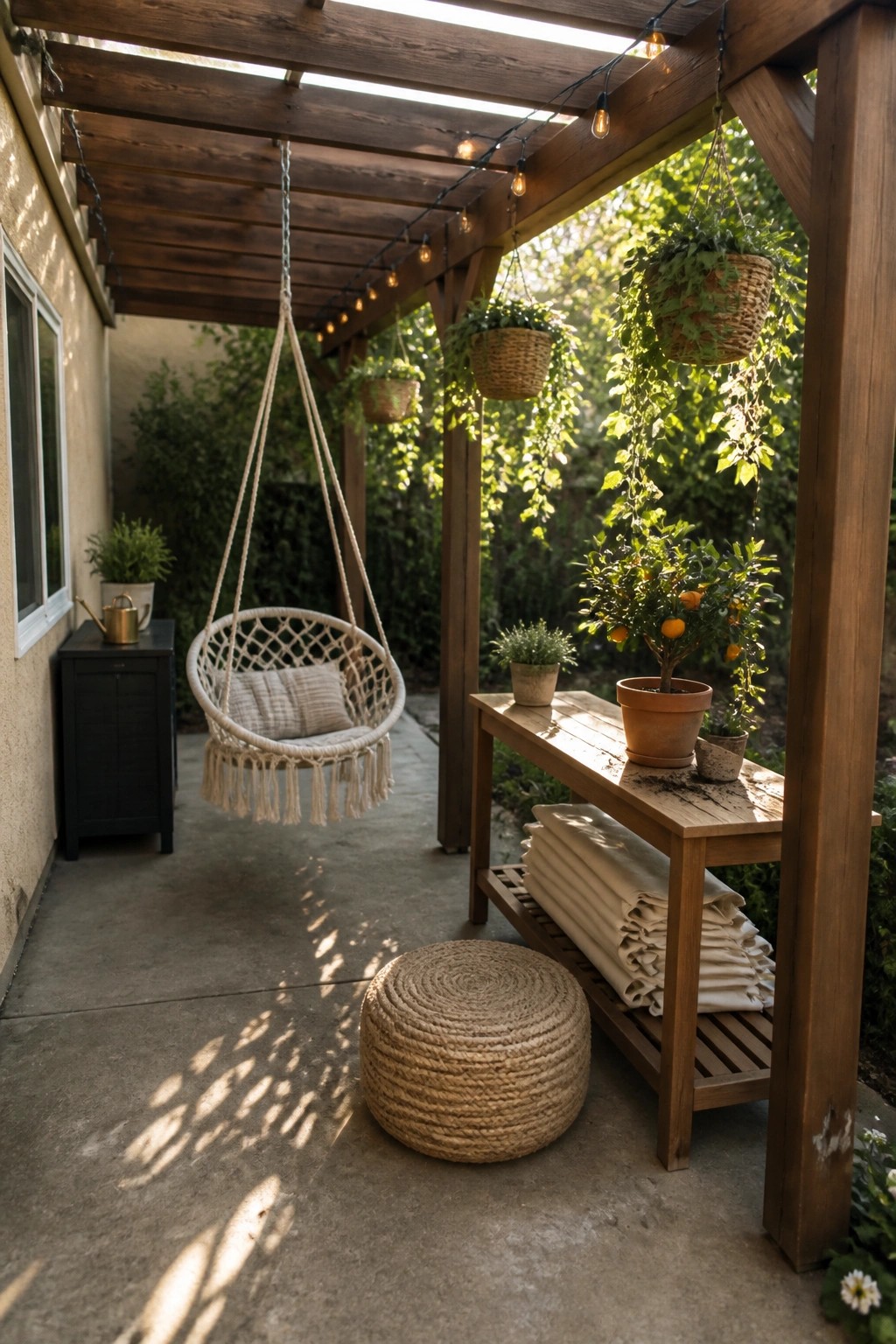 A covered wooden patio features a hanging macrame chair with a cushion, string lights overhead, potted plants on a wooden table, and a woven pouf on the concrete floor.