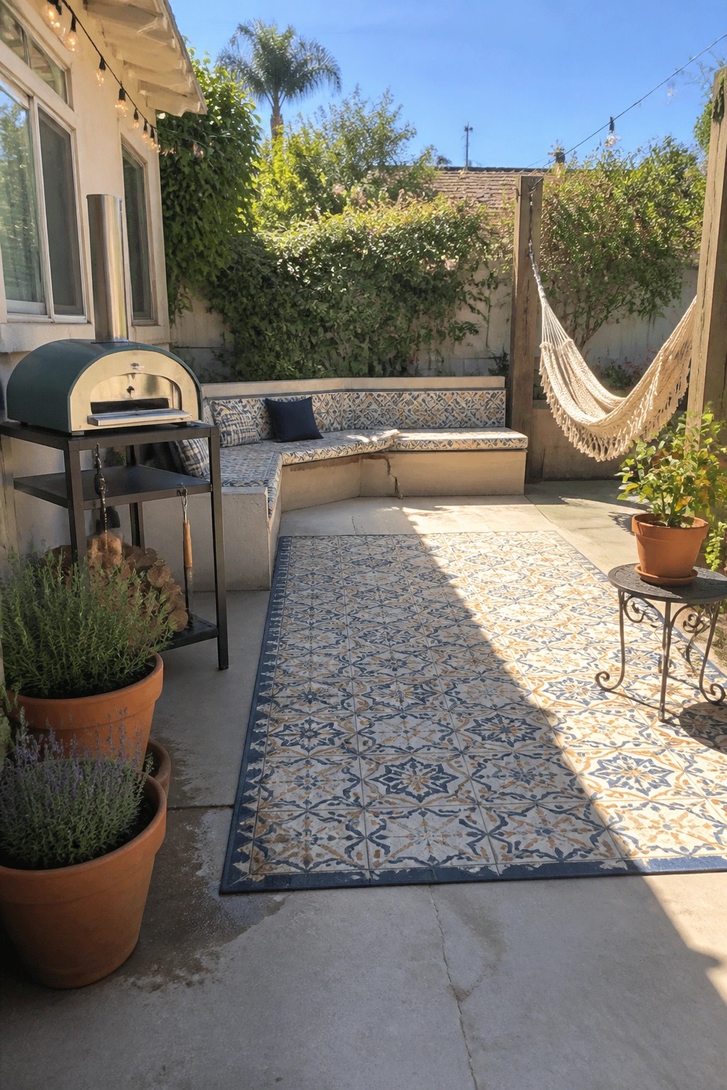 Sunny backyard patio with patterned rug, pizza oven, hammock, and potted plants.