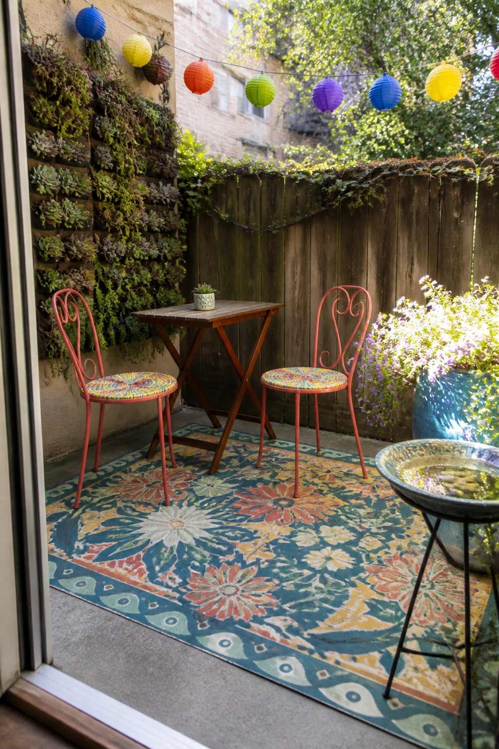 An outdoor patio with a large colorful floral rug, two red metal chairs around a small wooden table, a vertical succulent garden on the left wall, and potted plants near a wooden fence.