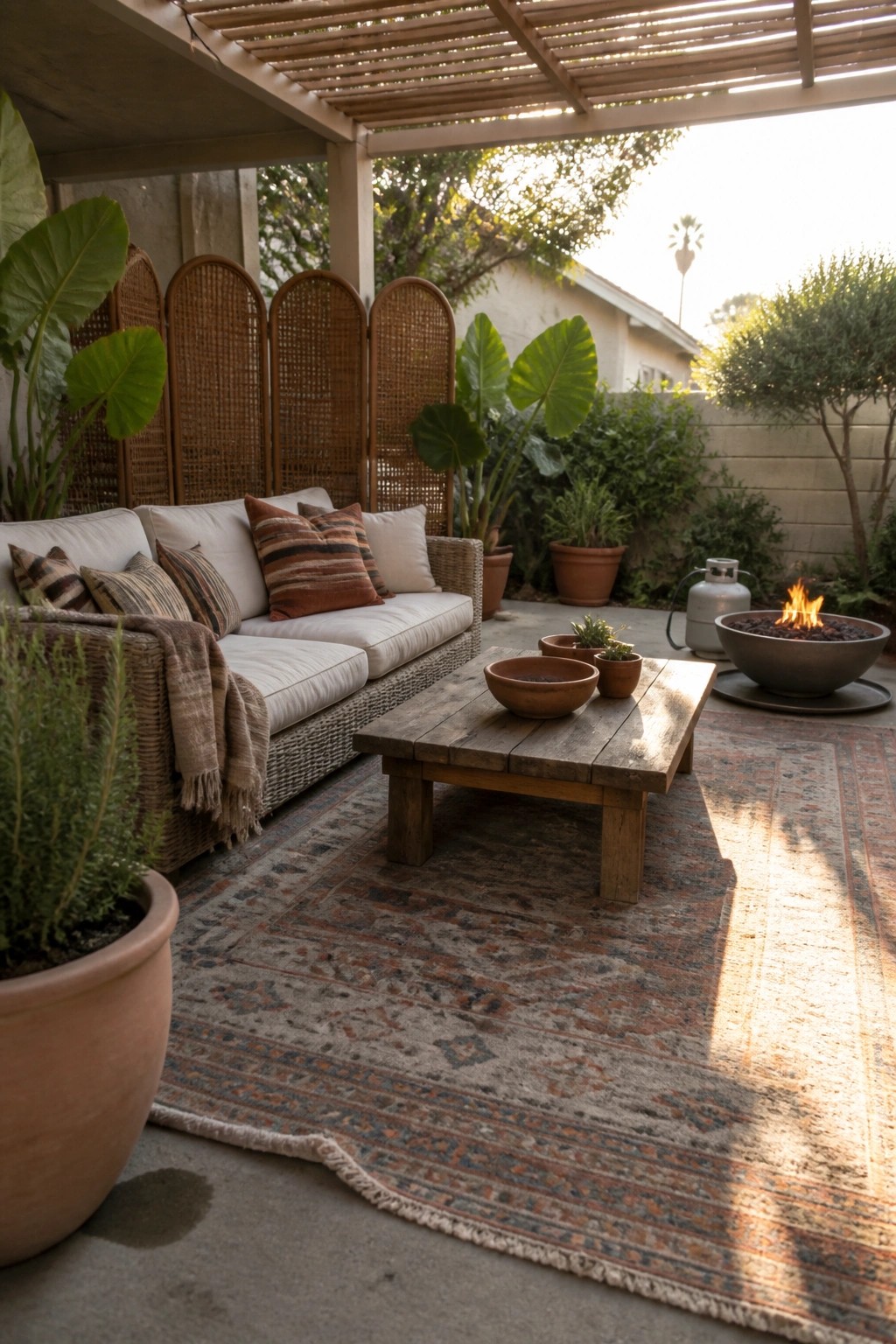 A covered patio with a wicker sofa, wooden coffee table, fire pit, and large patterned rug on concrete, surrounded by potted plants and a pergola.