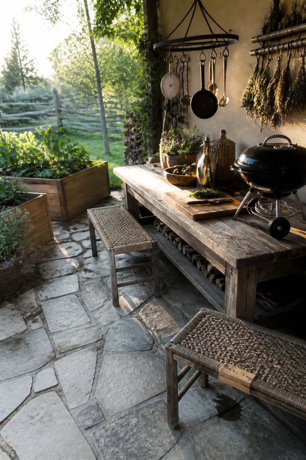 A long wooden table with woven benches sits on a stone patio beside a grill and hanging pots.