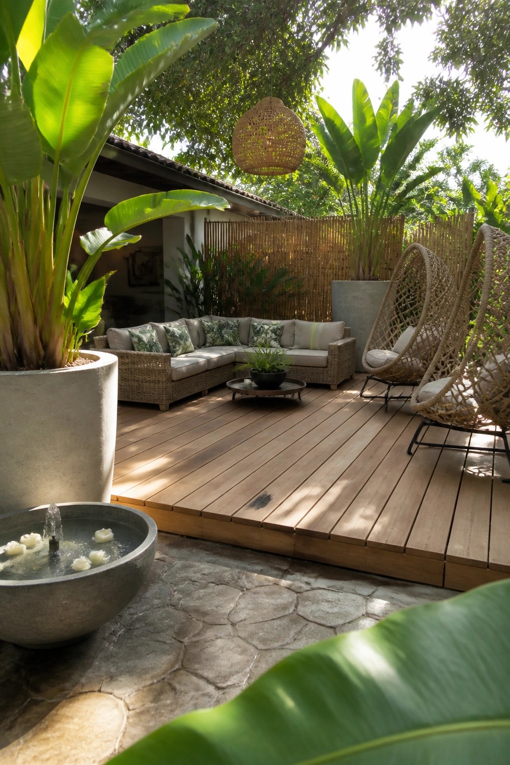A wooden deck patio with a sectional sofa, hanging chairs, a round table, large potted plants, and a stone water fountain in the foreground.