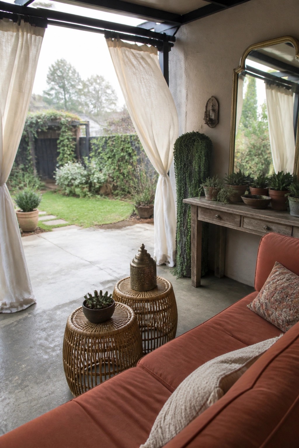 Rustic patio with rust sofa, wicker stools, plants, console table, and garden view