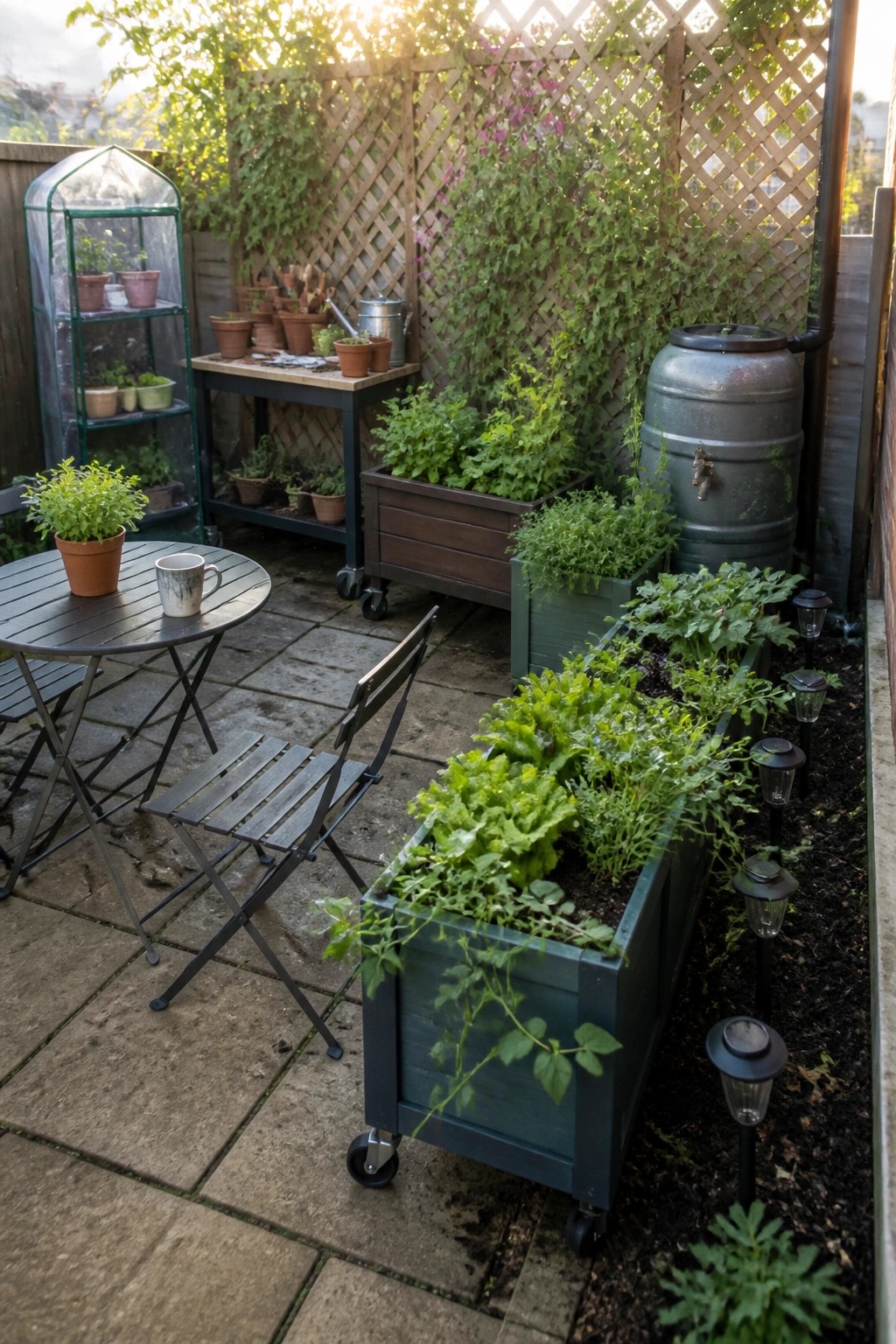 A stone patio with a small folding table and chair, several large wheeled wooden planters filled with leafy vegetables, a rain barrel, and a greenhouse in the background.