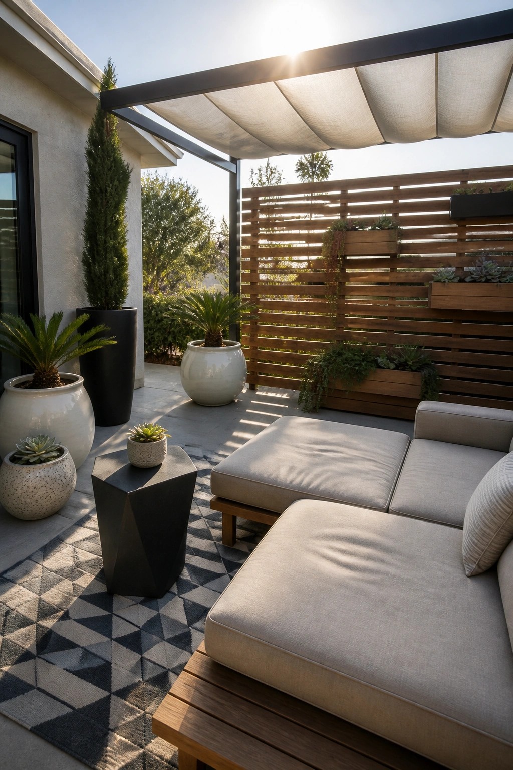Modern patio with gray sectional sofa, black table, patterned rug, and potted succulents under canopy